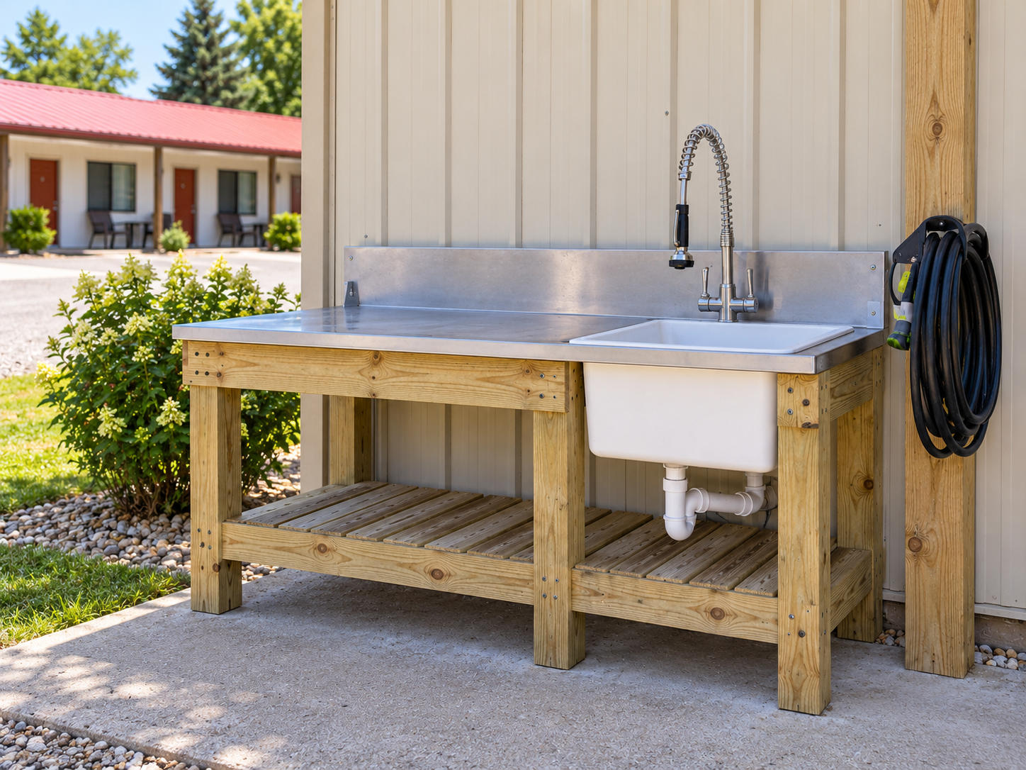 Planned rustic outdoor fish rinse and cleanup station with a practical utility sink setup