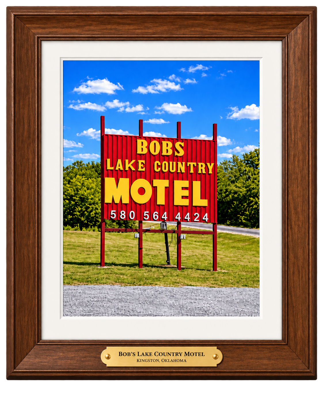 Framed photograph of Bob's Lake Country Motel sign with engraved plaque