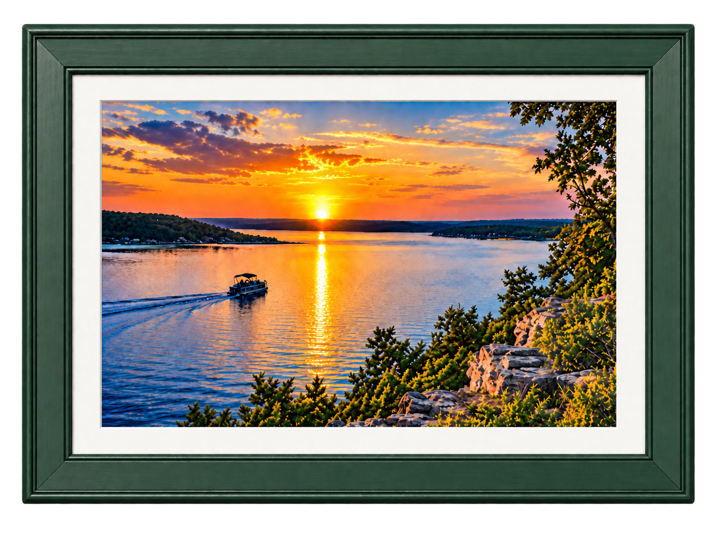 Framed sunset photograph of Lake Texoma in a deep hunter-green frame