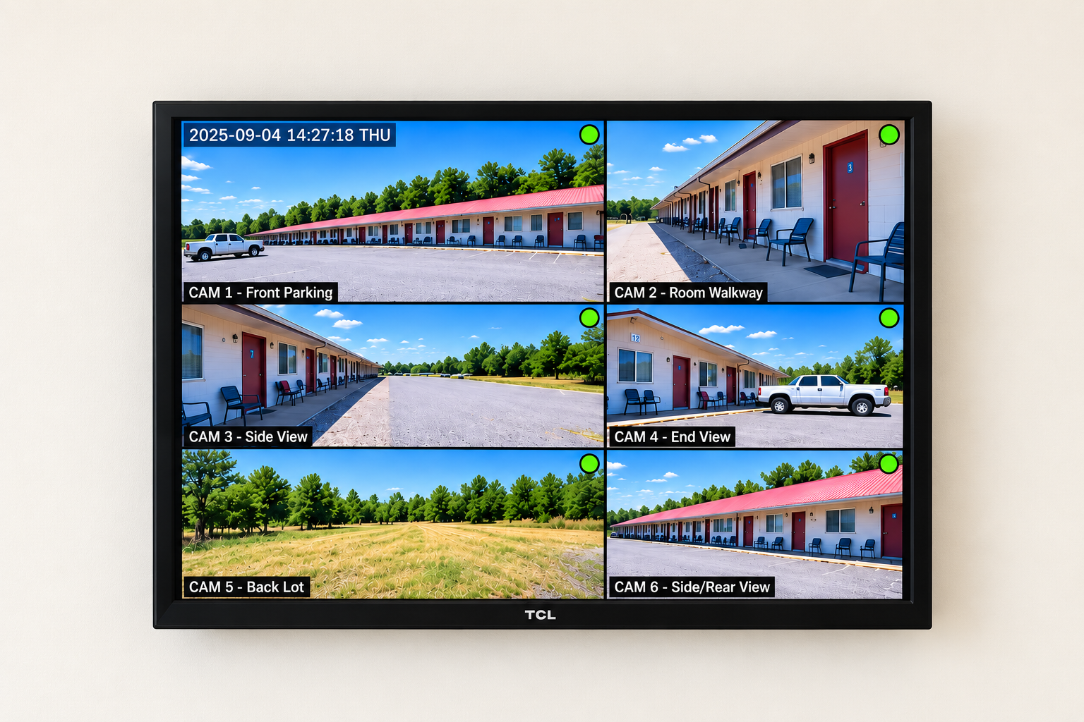 Television monitor showing six exterior camera views at Bob's Lake Country Motel